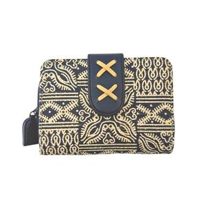 Navy Tan Geometric Wallet Gold Snap, Multiple Card Slots & Zippered Coin Pouch